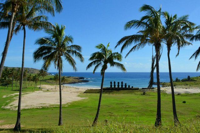 Moai facing away from the beautiful Anakena Beach on Easter Island