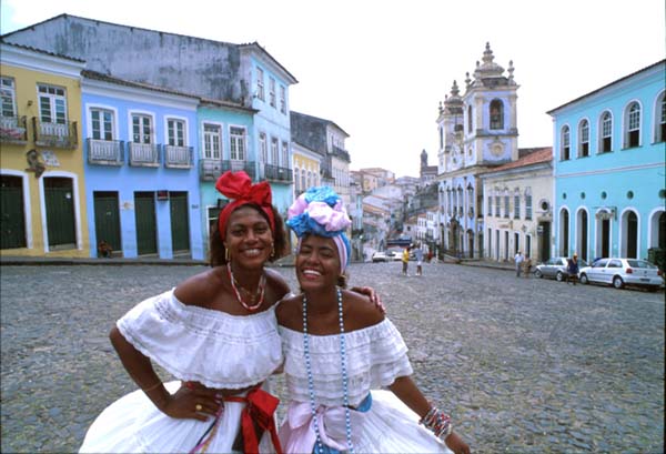 Local women in traditional dresses in Salvador de Bahia, Brazil