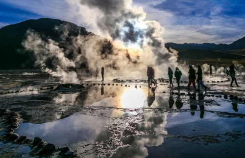 The steaming vents and mud pools at the high altitude El Tatio geysers