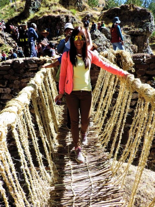 Malka crossing the Qeswachaka Inca rope bridge