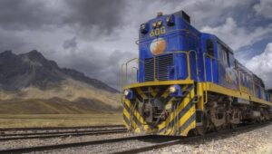 A locamotive from Peru Rail, one of the two operators of trains to Machu Picchu.
